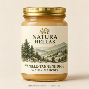 Natura Hellas vanilla fir honey – illustrative packaging mockup, not the final product